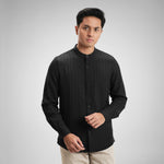CUTOFF Raheem Pinstripe Collarless Shirt Kemeja Koko Salur Garis Pria Lengan Panjang