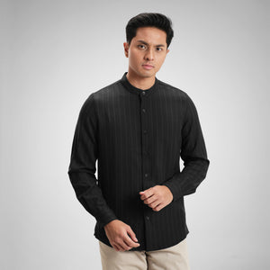 CUTOFF Raheem Pinstripe Collarless Shirt Kemeja Koko Salur Garis Pria Lengan Panjang
