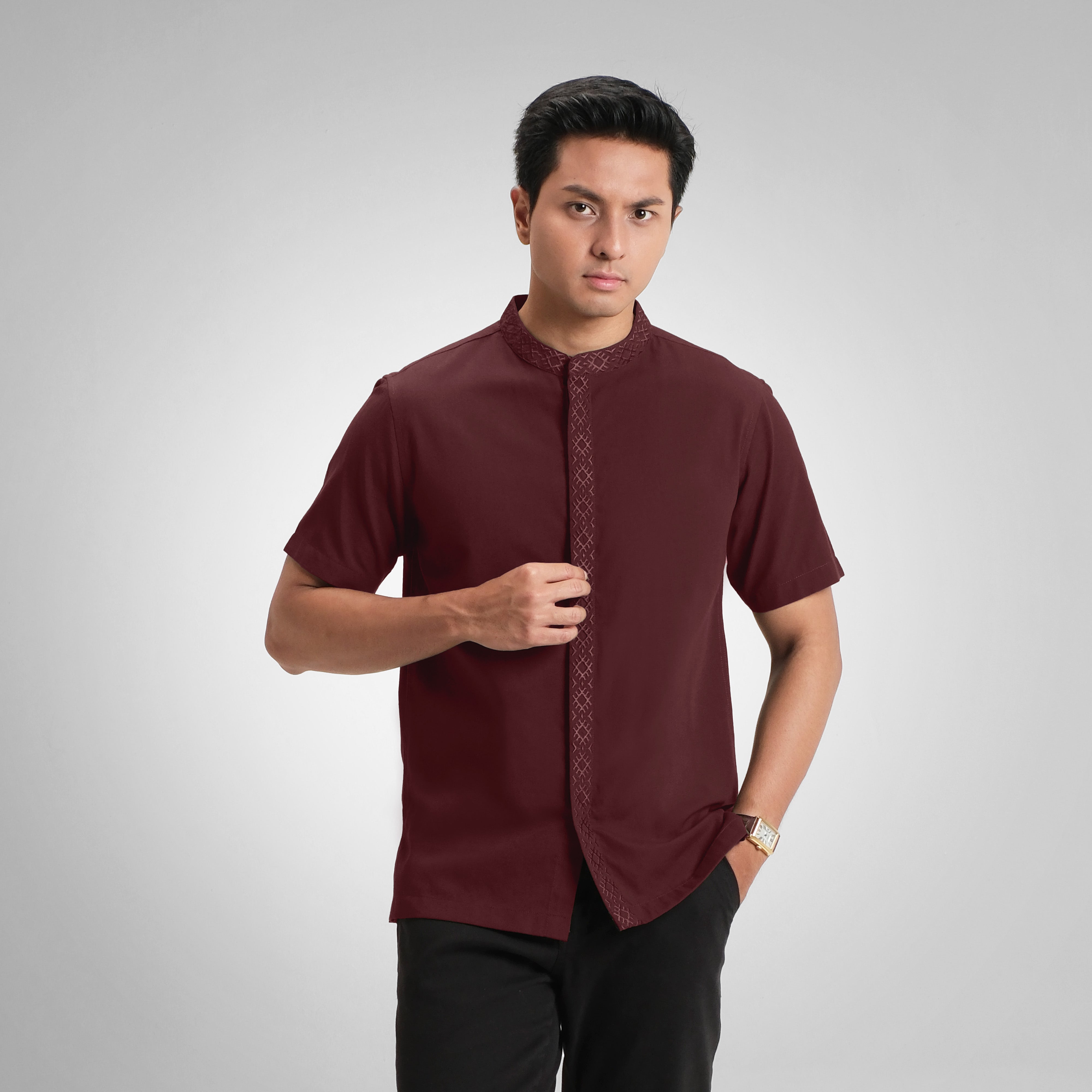 CUTOFF Kamran Oxford Bordir Collarless Shirt Kemeja Koko Pria Lengan Pendek