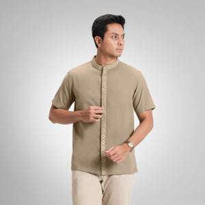 CUTOFF Kamran Oxford Bordir Collarless Shirt Kemeja Koko Pria Lengan Pendek